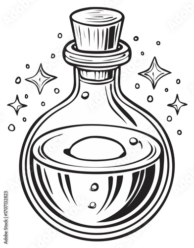 Cartoon Outline Potion Flask with Stopper, Bubbles and Stars, Magic Brew or Elixir Black and White Drawing