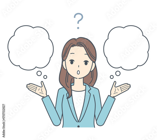 疑問符と共に考え込むジャケットを着た男性と女性のイラスト
