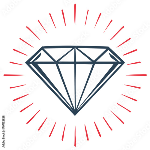 Diamond illustration, gemstone symbol, jewel icon, shining design element with red light rays