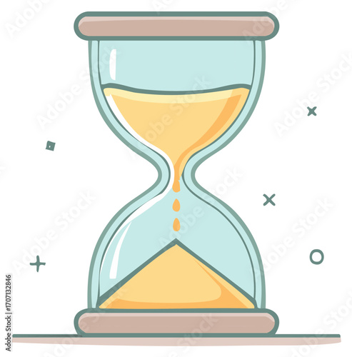 Stylized hourglass with sand flowing, time concept, flat design illustration.