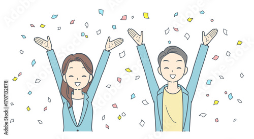 紙吹雪と共に喜ぶジャケットを着た男性と女性のイラスト 2人 上半身