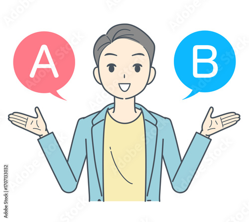 AとBの選択肢を選ぶジャケットを着た男性のイラスト 笑顔