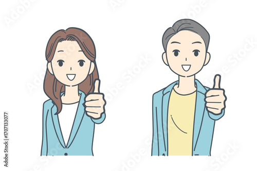 親指を立てるジャケットを着た男性と女性のイラスト