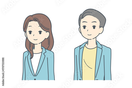 ジャケットを着た男性と女性のイラスト 斜め