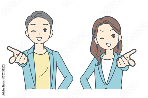 笑顔で前を指さすジャケットを着た男性と女性のイラスト