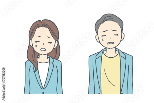 悲しそうに俯くジャケットを着た男性と女性のイラスト