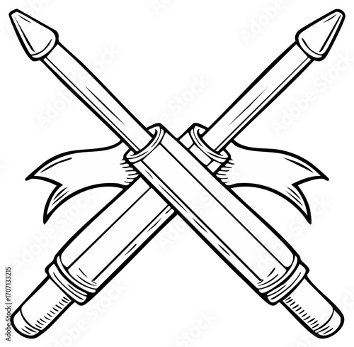 Illustration of crossed ceremonial swords with ribbon emblem, crossed sabers for military heraldry or anniversary symbol