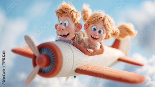 A Joyful Cartoon Couple on an Adventure in a Toy Airplane
