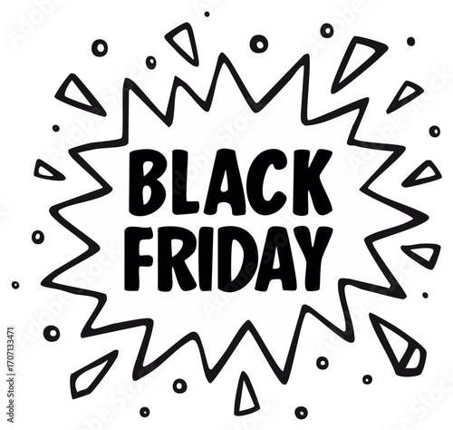 Black Friday sale announcement with a hand drawn starburst graphic and confetti elements