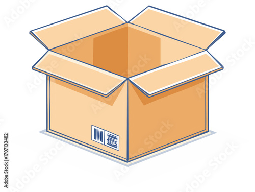 Open cardboard box with barcode for product package or delivery container illustration