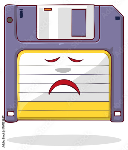 Cartoon floppy disk with a sad face, expressing data loss or technical issues.