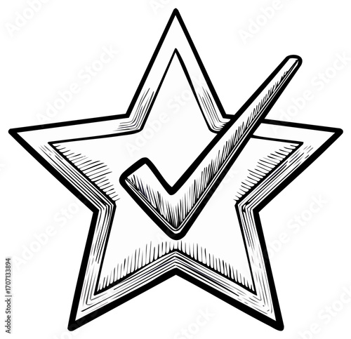 Simple black and white line art star and checkmark symbol for best choice top rating or quality approval