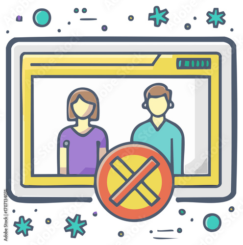 Digital screen with abstract users and a prohibition symbol, representing blocked access or restricted content