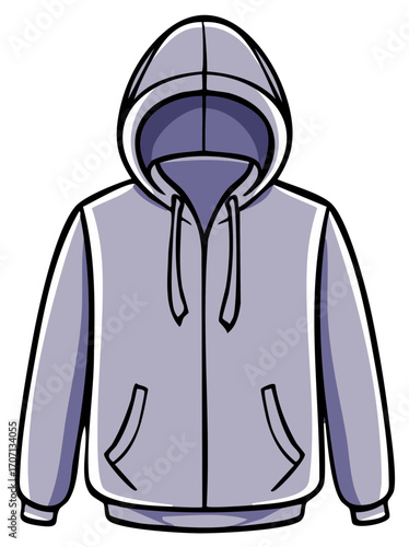 Stylized illustration of a purple hooded jacket with pockets and drawstrings