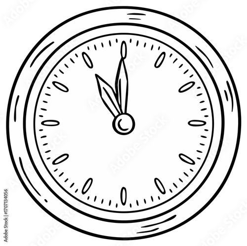 Vector line art clock face showing hands near twelve o'clock, symbolizing countdown or deadline.
