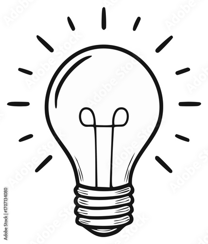 Hand Drawn Glowing Light Bulb Idea Symbol Illustration on White