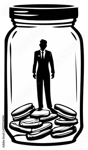 Silhouette Businessman Standing in Glass Jar Atop Coins Illustration