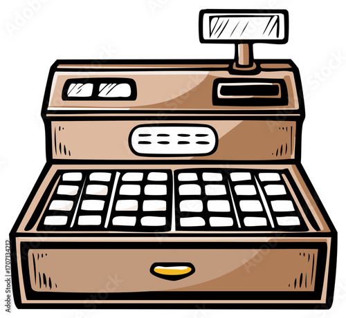 Vintage Style Cash Register with buttons, digital display, and open cash drawer. Retro business equipment, point of sale machine.