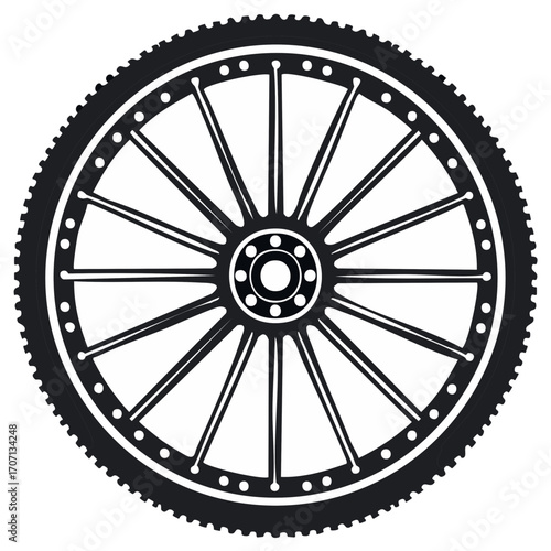 Bicycle Wheel with Spokes, Tire Tread, Central Hub, Black and White Illustration, Vector Graphic