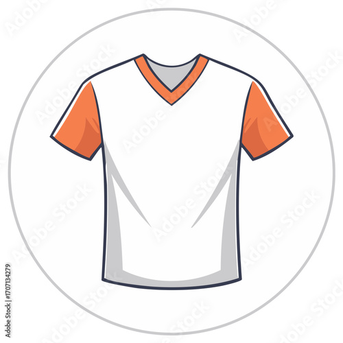 Vector illustration of a white t-shirt with orange sleeves and collar inside a circle