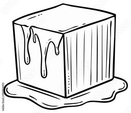Melting Ice Cube Sketch Illustration: Single object dripping with water forming a puddle under cube shape. Black and white outline art.