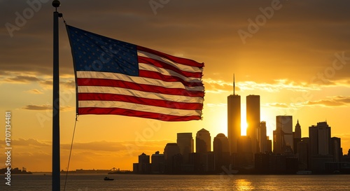 American flag and New York City skyline at sunset