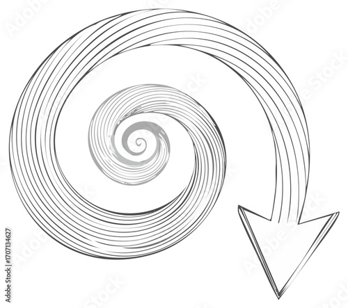 Grayscale sketch style spiral arrow symbol depicting motion and downward direction with line art.