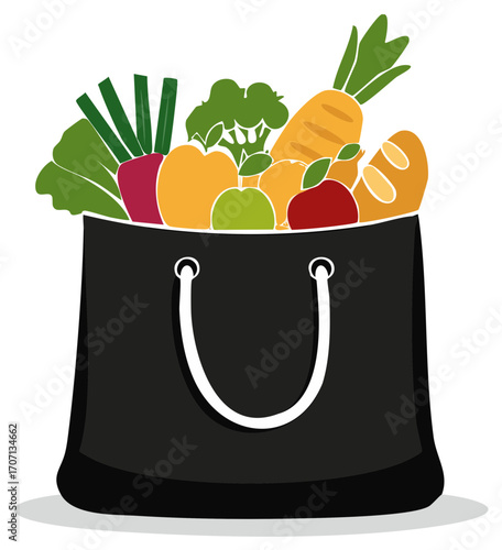 Vibrant grocery tote illustration overflowing with fresh produce, apples, carrots, lettuce, bread, and broccoli promoting healthy eating and sustainable shopping