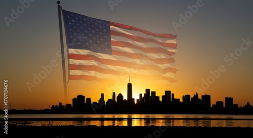 American flag over New York City skyline at sunset