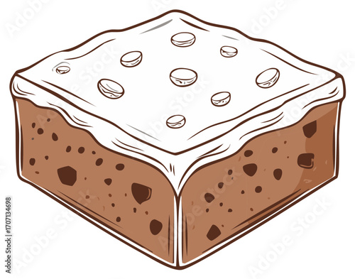 Drawn illustration of a delicious cake with coffee beans, brown colors, and white frosting.