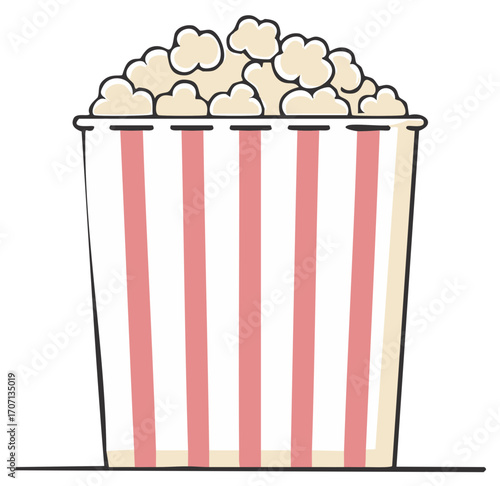 Classic striped popcorn bucket illustration overflowing with delicious snack for cinema entertainment