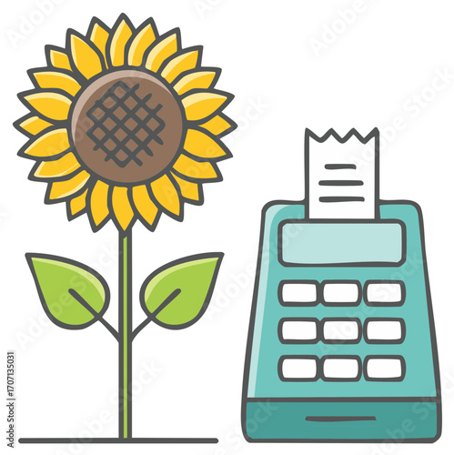 Illustrative Sunflower Next to Payment Terminal with Receipt, Depicting Organic Gardening Supply Purchase