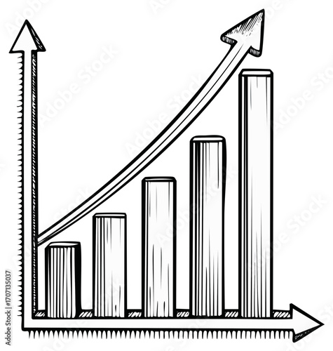 Hand drawn financial bar graph with upward trending arrow illustration.