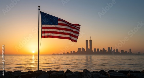 American flag waving over New York City skyline sunset