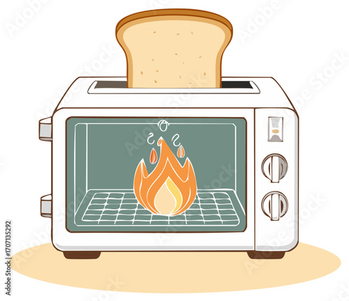 Burnt toast in toaster oven with cartoon fire element and slice of bread