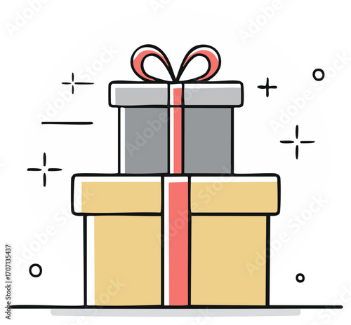 Stacked festive gift boxes with ribbon bow and celebratory sparkling accents