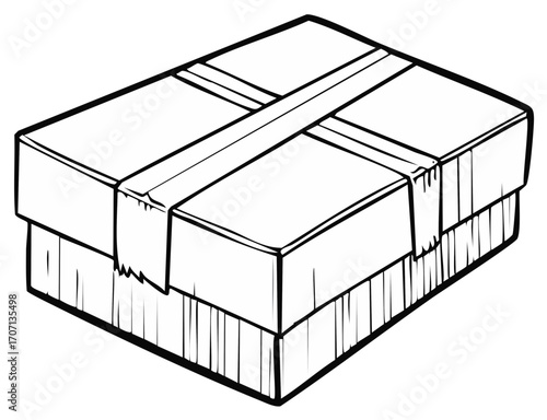 A black and white line art illustration of a rectangular box sealed with packing tape