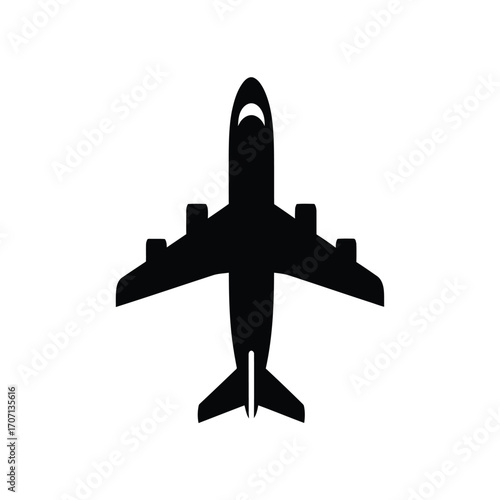 Airplane silhouette isolated on white background, a symbol of air travel, global connectivity, and the wonders of modern aviation in a simple design