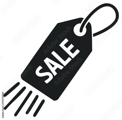 Stylized price tag, sale promotion, marketing elements, retail offerings, black and white discounts