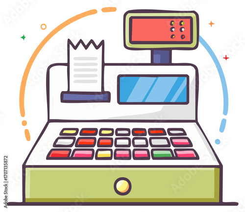 Cash Register Till with Display and Buttons Colorful Illustration Style