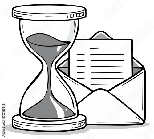 Deadline approaching illustration featuring an hourglass near an envelope with document emphasizing time sensitive correspondence
