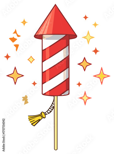 Bright red and white striped firework rocket with exploding stars