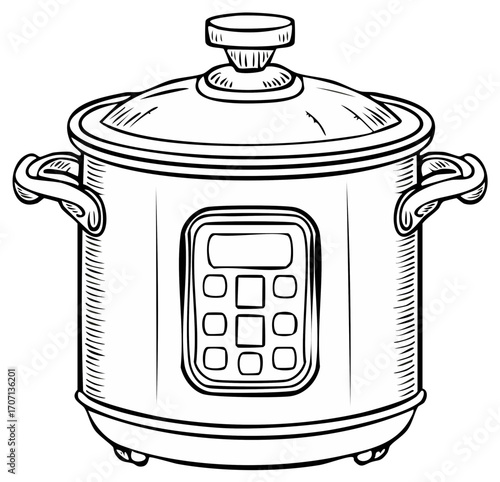 Illustration of a slow cooker with a lid and display screen, home cooking appliance, easy meal preparation, kitchenware