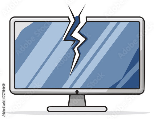 Cartoon illustration of a broken computer monitor with a cracked screen