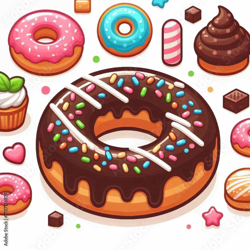 Cartoonstyle image with assorted donuts candies and cupcakes on a white background