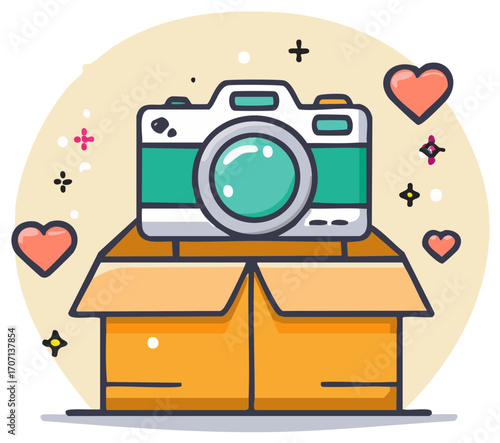 New digital camera unboxed from a cardboard package with joyful hearts and stars