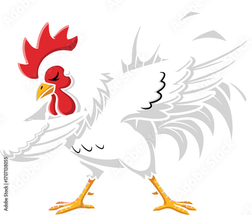 Illustration of a proud white rooster with red comb, yellow beak, and detailed feathers, standing confidently on white background, farm animal concept
