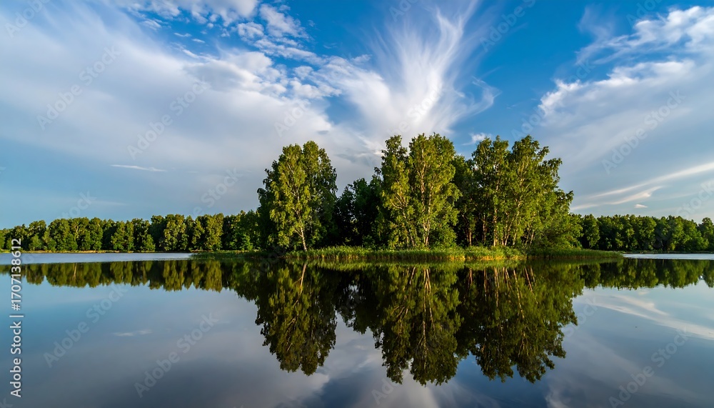 Fototapeta premium Serene lake landscape with a mirrored island