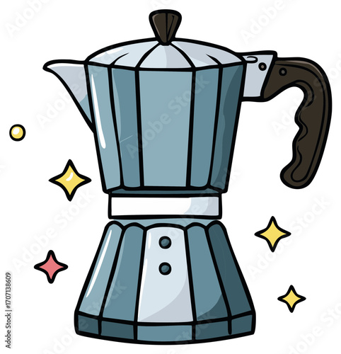 Hand Drawn Italian Coffee Maker Illustration surrounded by Sparkling Star Graphics