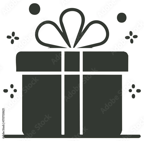 Stylized gift box with ribbon bow and celebratory sparkles icon